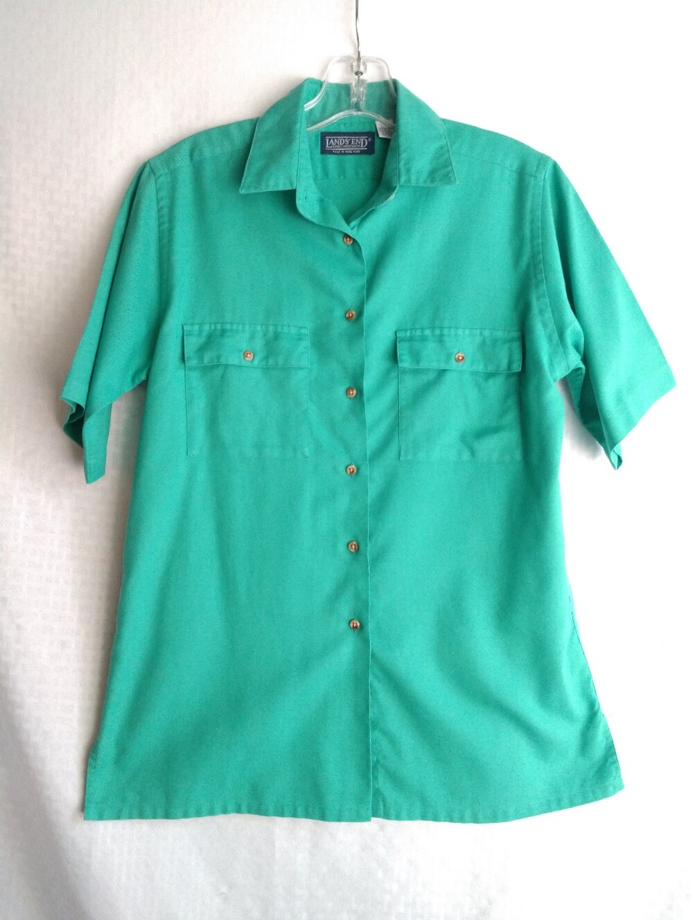 Vintage Lands' End Women's Green Short Sleeve Camp Shirt 80s 90s Size 10